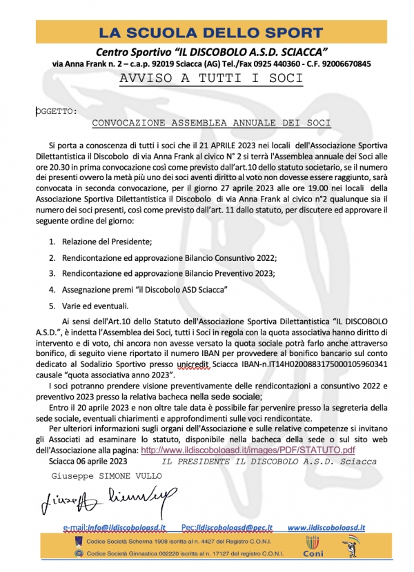 CONVOCAZIONE ASSEMBLEA ORDINARIA DEI SOCI 2023
